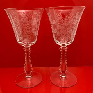 Set Of 2 Fostoria Etched Crystal 6 " Claret Heather Wine Stemware Glasses