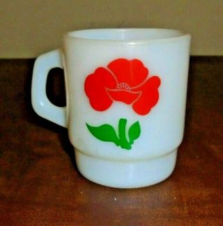 Vintage Fire King Coffee Cup Mug Milk Glass White W/ Red Flowers