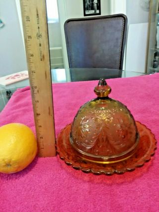 Vintage Indiana Tiara Imbossed Glass Cheese Or Butter Amber Dish