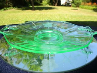 Green Depression Glass 2 Handled Tidbit Plate Decagon Panels Daisy Etch
