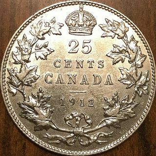 1912 Canada Silver 25 Cents Quarter Coin - Uncirculated Details (cleaned)