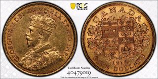 1912 Canada Five Dollars $5 Gold Coin.  Pcgs Nfc Au55.  Klondike Gold