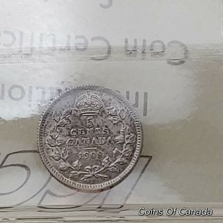 1908 Canada Silver 5 Cents Rare Large 8 Iccs Au - 50 Book Val $475 Coinsofcanada