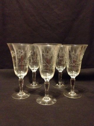 Set Of 5 Vintage Etched Crystal Wine Glasses