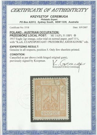 Poland,  Locals Przedborz,  Fi:1b P1 Mh,  Proof,  Signed With Certificate