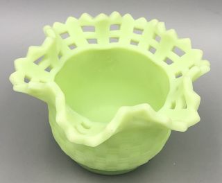 Fenton Green Satin Art Glass Basket Weave Ruffled Open Edge Bowl