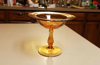 Vintage Amber Art Glass Pedestal Compote / Candy Dish Twisted Stem 8 " Tall