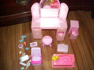 1987 Sweet Roses Barbie Pink Vanity,  Mirror,  Night Stand,  Stool Bathtub Suitcase