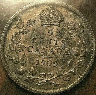 1909 Canada Silver 5 Cents - Iccs Certified Ef - 45 - Pointed Leaves