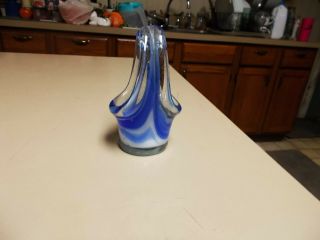 Small Vintage Hand Made Art Glass Basket Pontiled Base White,  Blue,  & Clear