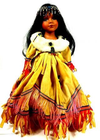 Native American Vintage Girl Doll Ceramic Outfit With Fur And Beads 16 Inch