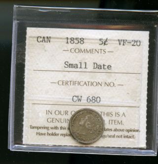 1858 Small Date Canada 5 Cents Iccs Certified Vf20 Dcb159