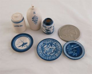 J Clark Miniature Blue & White Porcelain: Cookie Jar Plates Crock & Jar W/bird
