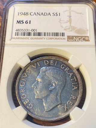 1948 Canada Silver Dollar.  Ngc Ms61.  Rare.