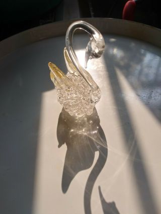 Vintage Mini Hand Blown Clear Spun Glass Swan Figurine With Yellow/gold Trim