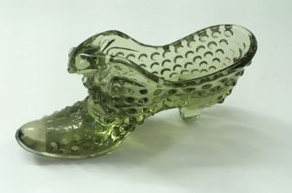 Vintage Fenton Art Glass Avocado Green Hobnail Shoe With Cat Head