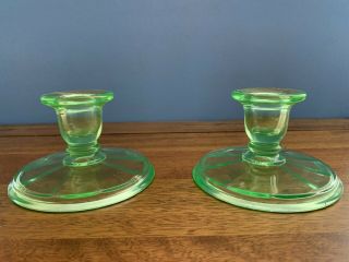 Set Of 2 Vintage Green Vaseline Glass Candle Holders
