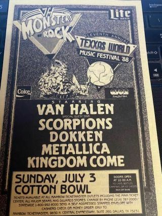 1988 Monsters Of Rock Flyer Van Halen Scorpions Metallica