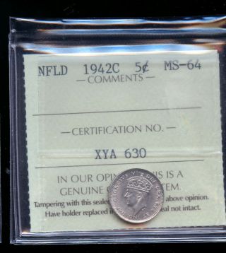 1942 Newfoundland 5 Cents Iccs Certified Ms64 Ic12