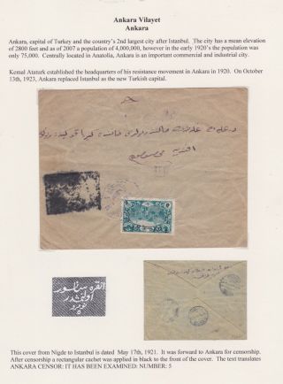 Turkey - 1921 5 Pi On Nigde Cover To Istanbul,  Censored In Passing Through Ankara