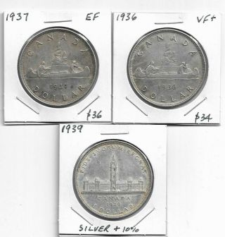 3 Canadian Silver $1 Dollar Coins From The 1930 