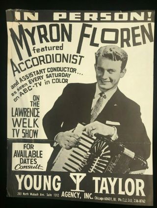 Mid - Century Promo Flyer For Lawrence Welk Show Accordionist Myron Floren