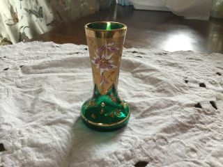 Vintage Czech Bohemian Small Glass Vase Hand Painted Floral 24k Gold
