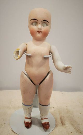 6 1/2 " German All Bisque Jointed Doll With Painted Shoes/socks