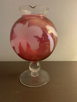 Vintage Large Floral Pattern Pink Glass Vase 8 "