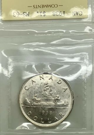 Canada 1938 Silver Dollar ICCS MS 63 Lustrous White Beauty XDG942 3