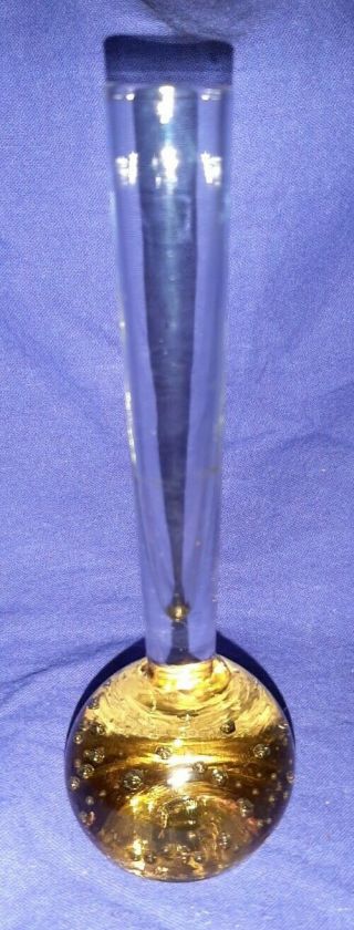 Vintage Bud Vase,  Amber Bubble Glass Base With Clear Stem 5 1/4 "