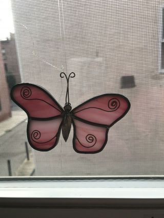 Vintage Stained Glass Pink Butterfly Suncatcher