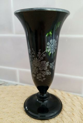 Art Deco Black Glass Vase Silver Overlay Vintage Flowers Collectible Footed