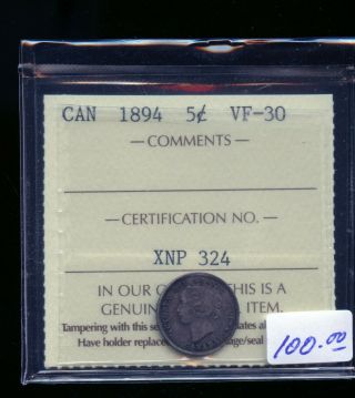1894 Canada 5 Cents Iccs Certified Vf30 Dc486