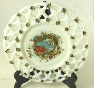Antique Milk Glass Plate Triple Forget Me Nots With Good Luck Wreath In Center
