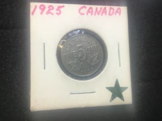 1925 Canada 5 Cent Nickel Key Date Coin Mid Grade Nr 499