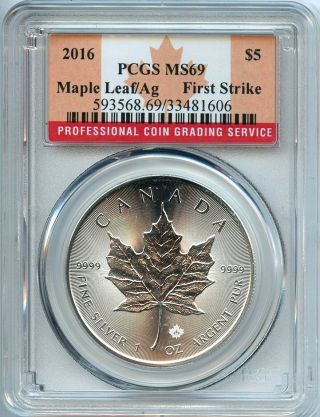 2016 Canadian Maple Leaf Silver $5 Dollar Ms69 Pcgs.  9999 Coin 1st Strike Ml16