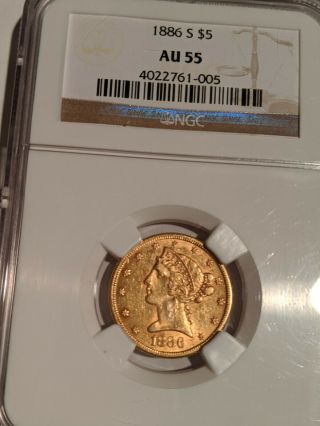 1886 S Liberty Head Five Dollars ($5) Gold Coin.  Ngc Au55.  Luster & Detail.