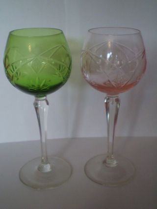 Vintage Set Of Two Bohemian Green And Pink Hock Glasses