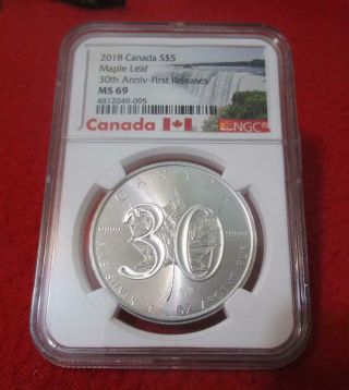 2018 Canada Silver $5 Maple Leaf 30th Anniversary Ngc Ms 69 First Rel Mf - T3521
