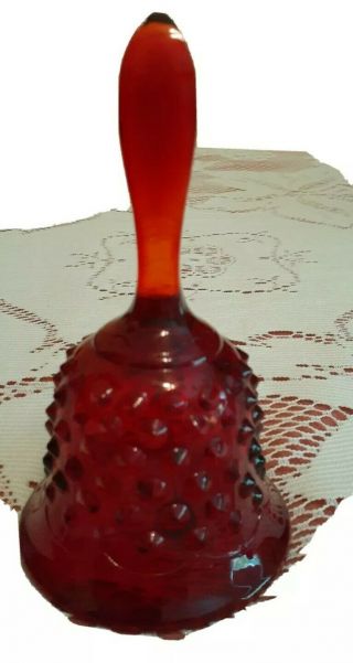 Vintage Fenton Ruby Red Hobnail Bell Glass Clapper Amberina Handle