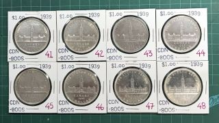 8 - 1939 Canadian Silver Dollars Estate Vg Ms Pl 800