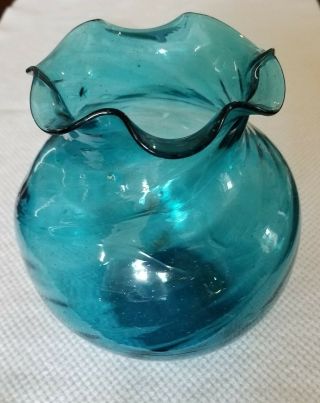 Vintage Hand Blown Blue Swirl Rose Bowl Vase With Scalloped Rim