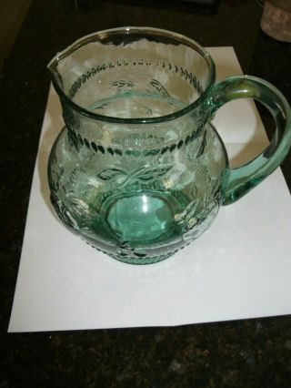 7 " Tall Vintage Green Glass Water Lemonade Pitcher W Fruit Design Apples Leaves