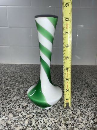 Vintage Japanese Green White Swirl Art Glass Vase.  Maker Sticker On Bottom