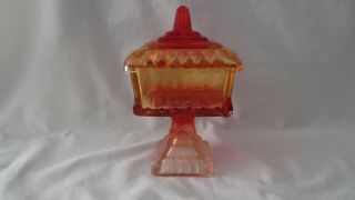 Vintage Glass Square Pedestal Candy Dish With Lid Red Orange