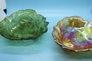 Set Of 2 Vintage Amber & Green Carnival Glass Candy Dish Bowl Grapes & Leaves