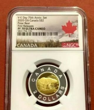V - E Day 75th 2020 Canada $2 Gilt Silver Proof Polar Bear Toonie Ngc Pf70 Ucam Fr