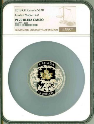 2018 Canada S$30 Gilt Golden Maple Leaf 2 Oz.  Silver Ngc Pf70 Ultra Cameo