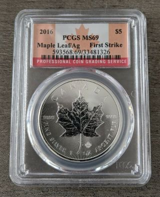 2016 Canadian Maple Leaf Silver $5 Dollar Ms69 Pcgs.  9999 Coin 1st Strike - Coin